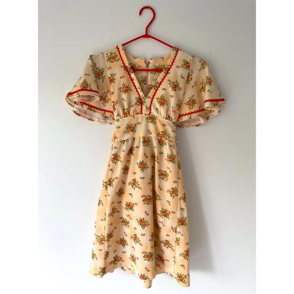 70s vintage handmade pink orange floral print cute coquette midi summer dress - Picture 8 of 9